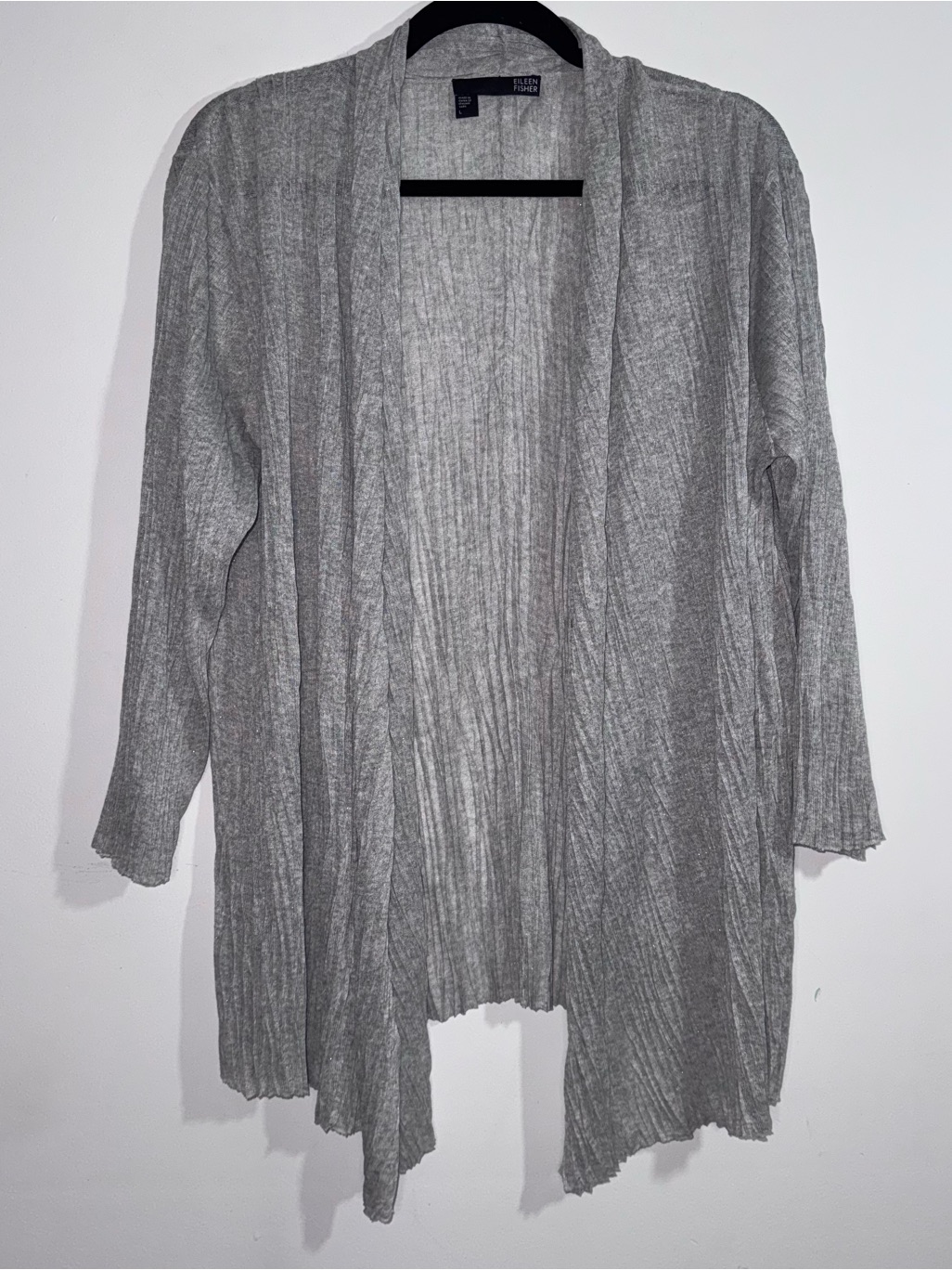 Eileen Fisher Gray Crinkle Knit Open Front Cardigan Womens Large
